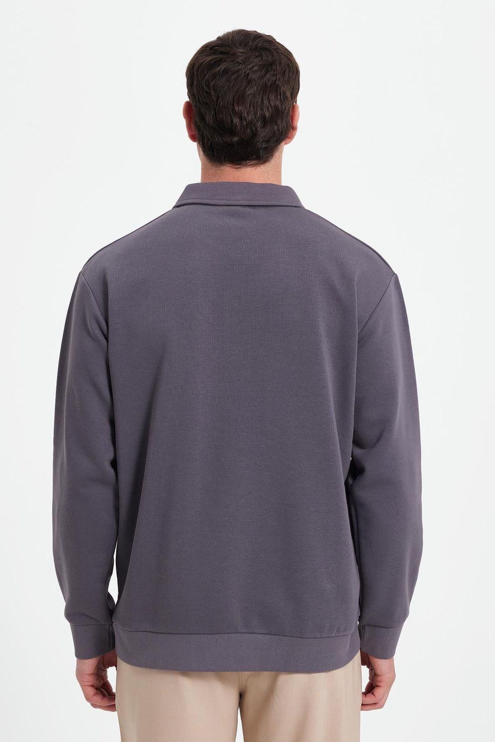 Erkek Relax Fit Rahat Kesim Pamuklu 3 İplik Fermuarlı Polo Yaka Koyu Gri Sweatshirt