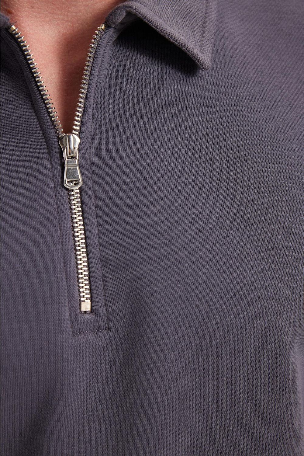 Erkek Relax Fit Rahat Kesim Pamuklu 3 İplik Fermuarlı Polo Yaka Koyu Gri Sweatshirt