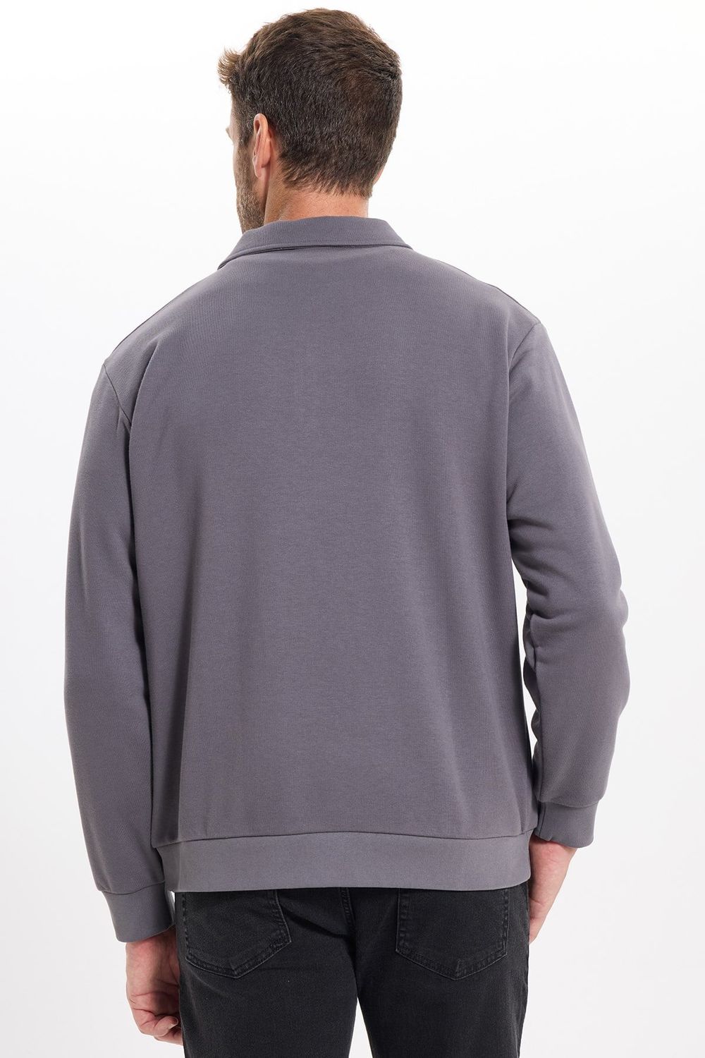 Erkek Relax Fit Rahat Kesim Pamuklu 3 İplik Fermuarlı Polo Yaka Koyu Gri Sweatshirt