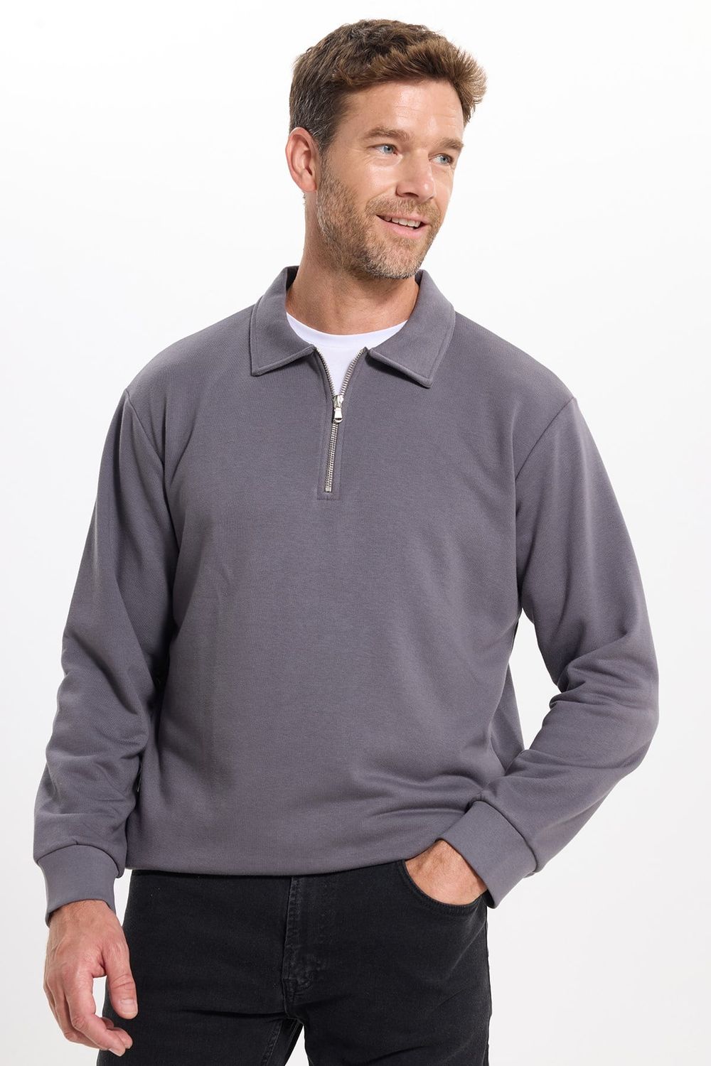 Erkek Relax Fit Rahat Kesim Pamuklu 3 İplik Fermuarlı Polo Yaka Koyu Gri Sweatshirt