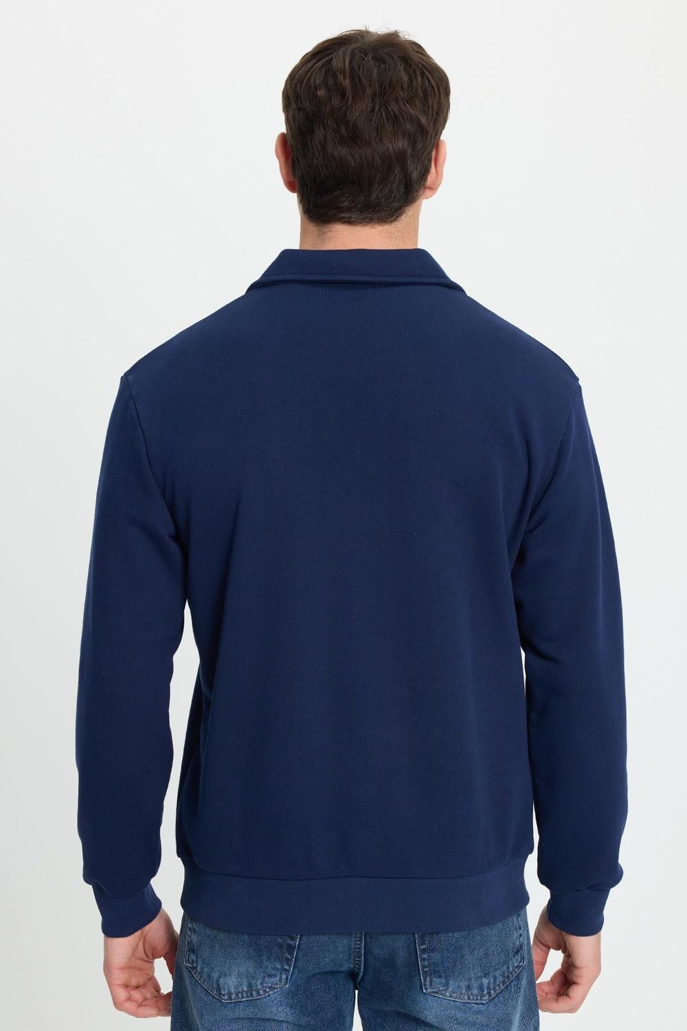 Erkek Relax Fit Rahat Kesim Pamuklu Fermuarlı Polo Yaka Lacivert Sweatshirt