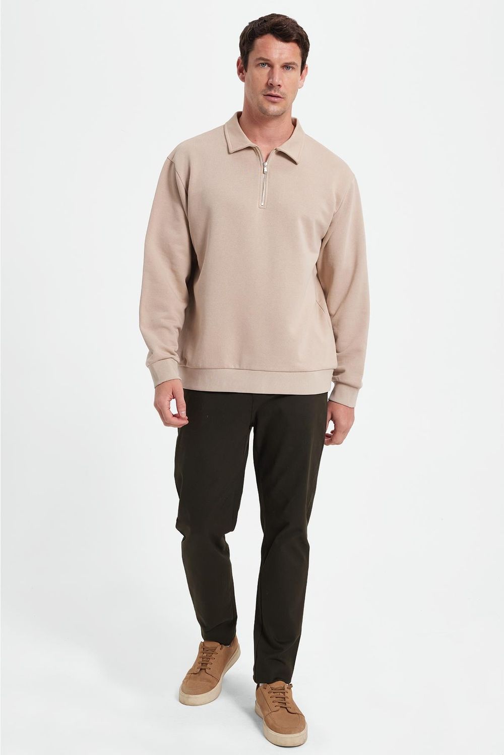 Erkek Relax Fit Rahat Kesim Pamuklu 3 İplik Fermuarlı Polo Yaka Taş Sweatshirt