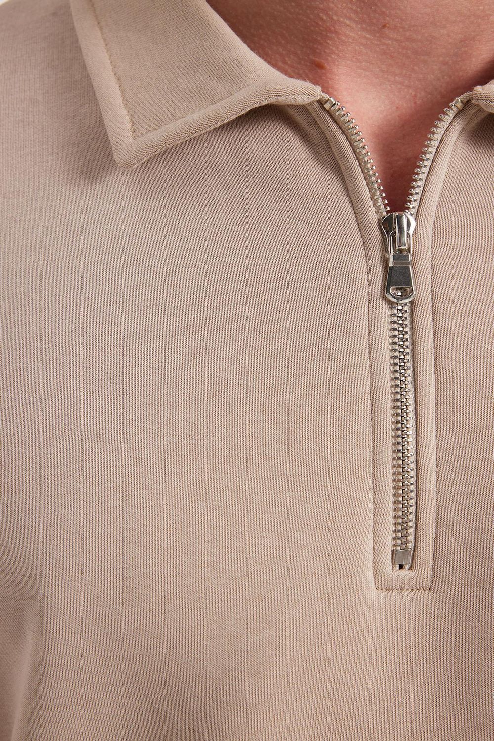 Erkek Relax Fit Rahat Kesim Pamuklu 3 İplik Fermuarlı Polo Yaka Taş Sweatshirt