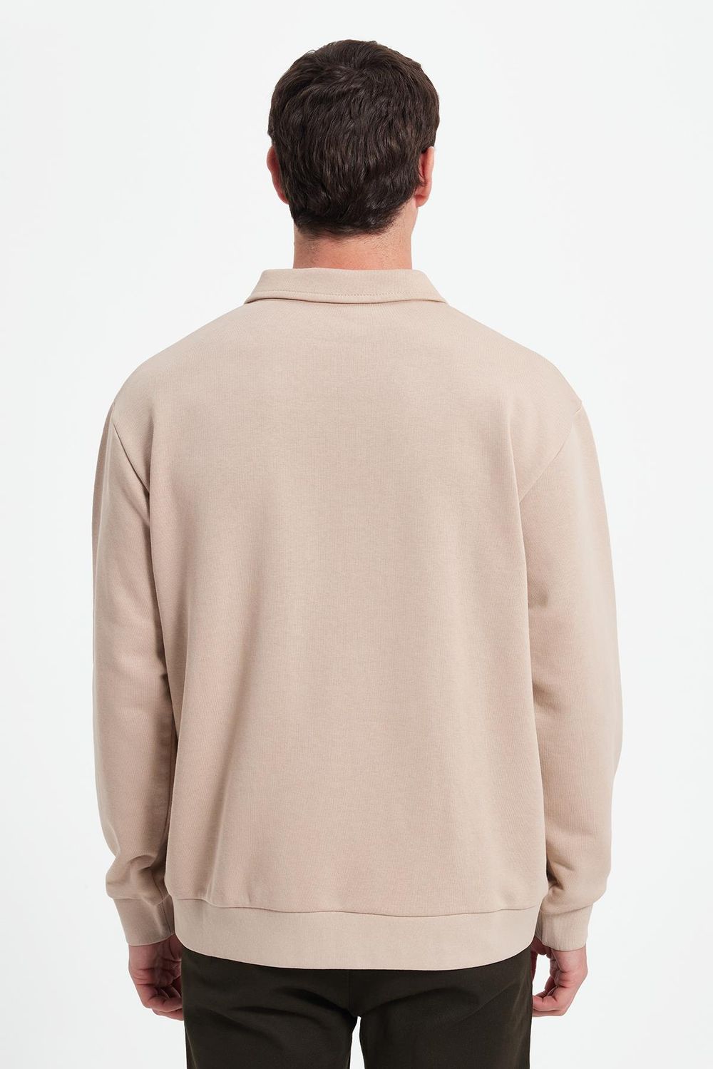 Erkek Relax Fit Rahat Kesim Pamuklu 3 İplik Fermuarlı Polo Yaka Taş Sweatshirt