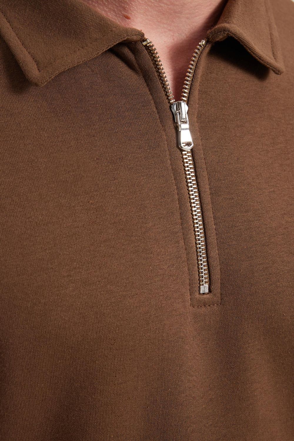 Erkek Relax Fit Rahat Kesim Pamuklu 3 İplik Fermuarlı Polo Yaka Koyu Vizon Sweatshirt