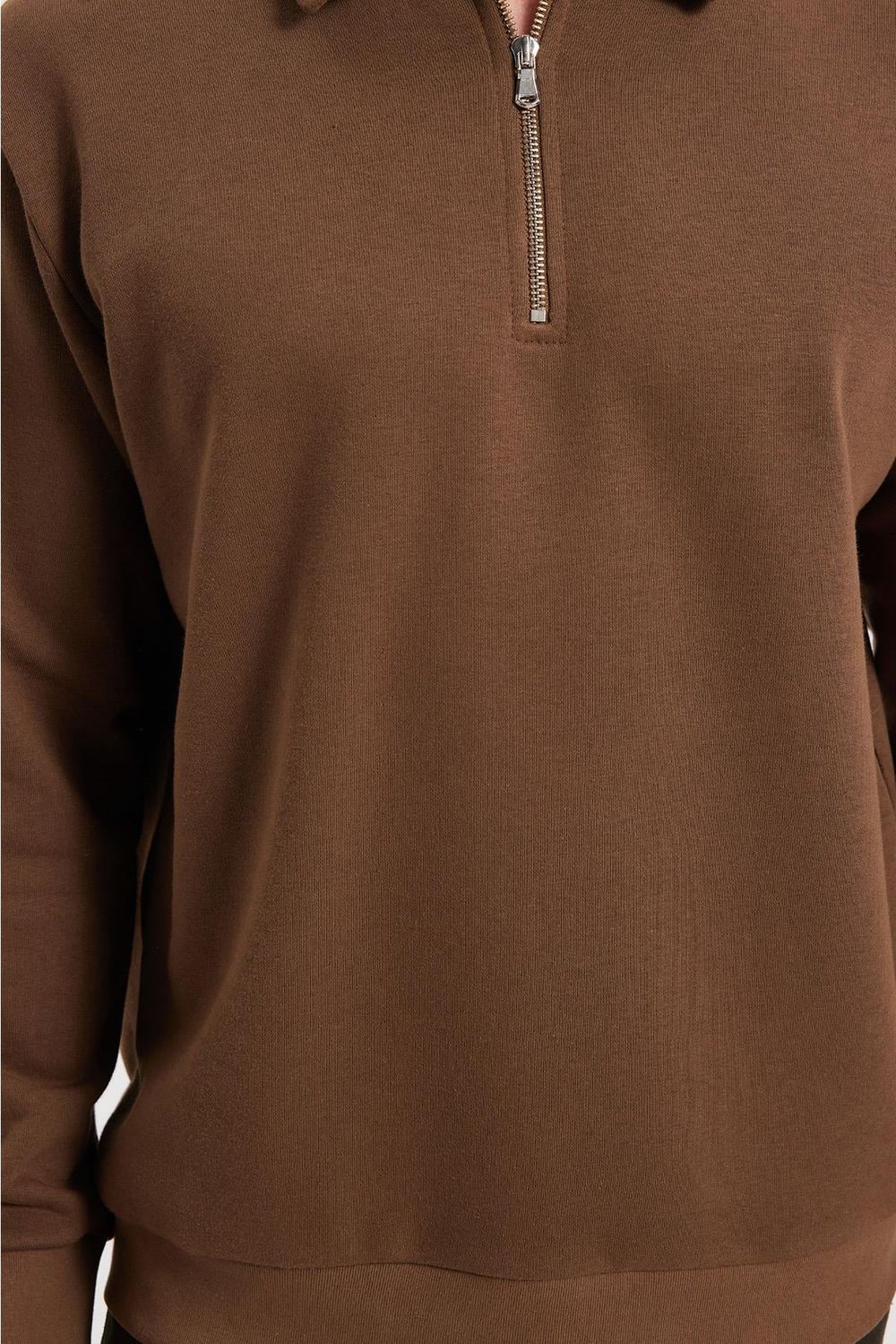 Erkek Relax Fit Rahat Kesim Pamuklu 3 İplik Fermuarlı Polo Yaka Koyu Vizon Sweatshirt