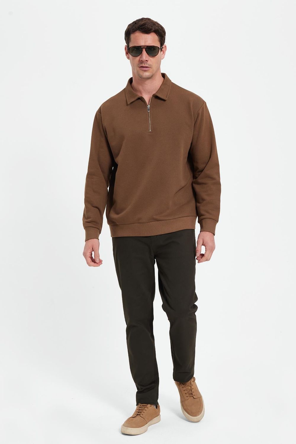 Erkek Relax Fit Rahat Kesim Pamuklu 3 İplik Fermuarlı Polo Yaka Koyu Vizon Sweatshirt