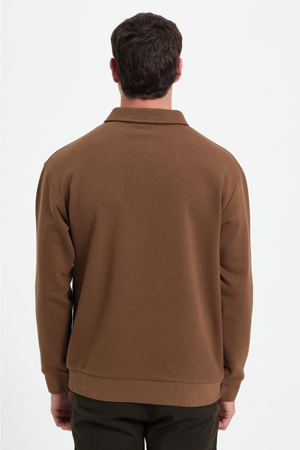 Erkek Relax Fit Rahat Kesim Pamuklu 3 İplik Fermuarlı Polo Yaka Koyu Vizon Sweatshirt