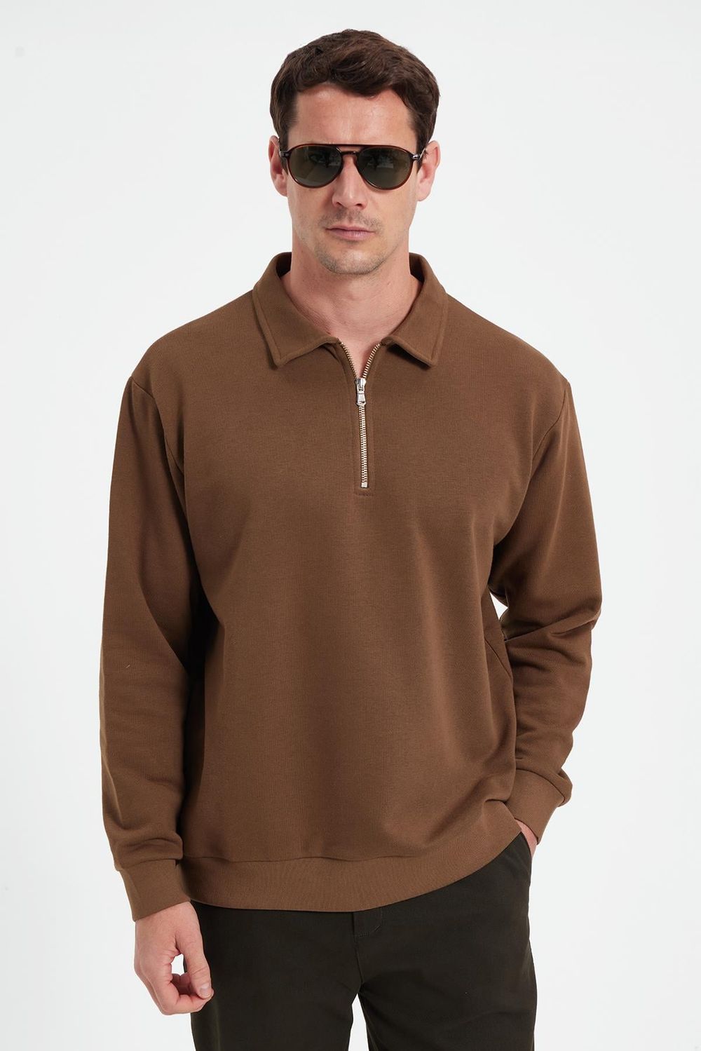 Erkek Relax Fit Rahat Kesim Pamuklu 3 İplik Fermuarlı Polo Yaka Koyu Vizon Sweatshirt