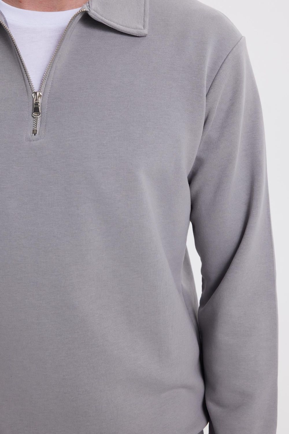 Erkek Relax Fit Rahat Kesim Pamuklu 3 İplik Fermuarlı Polo Yaka Gri Sweatshirt