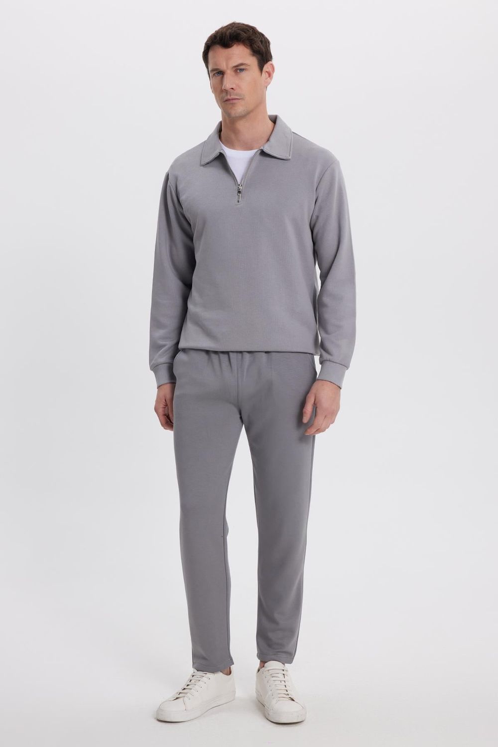 Erkek Relax Fit Rahat Kesim Pamuklu 3 İplik Fermuarlı Polo Yaka Gri Sweatshirt