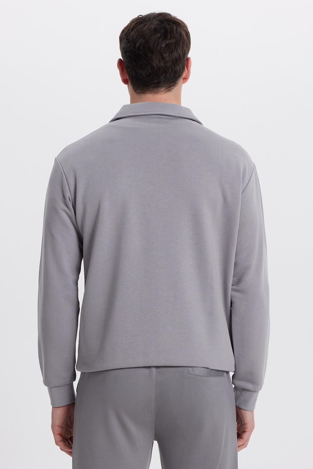 Erkek Relax Fit Rahat Kesim Pamuklu 3 İplik Fermuarlı Polo Yaka Gri Sweatshirt
