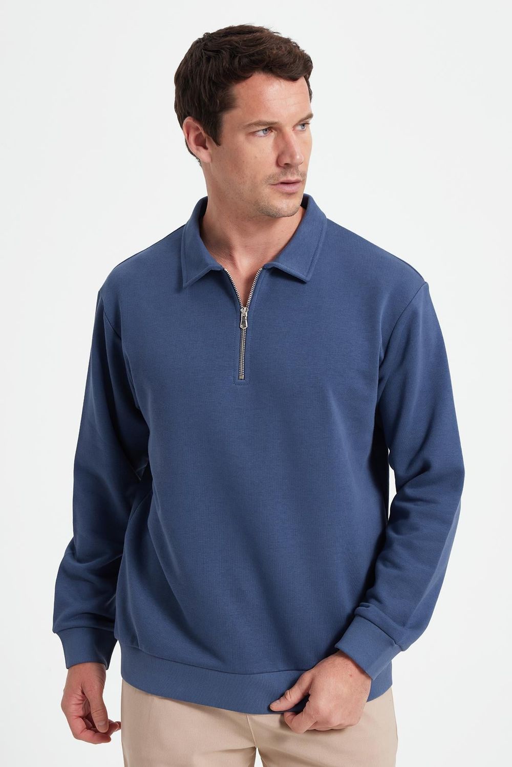 Erkek Relax Fit Rahat Kesim Pamuklu 3 İplik Fermuarlı Polo Yaka Koyu Mavi Sweatshirt