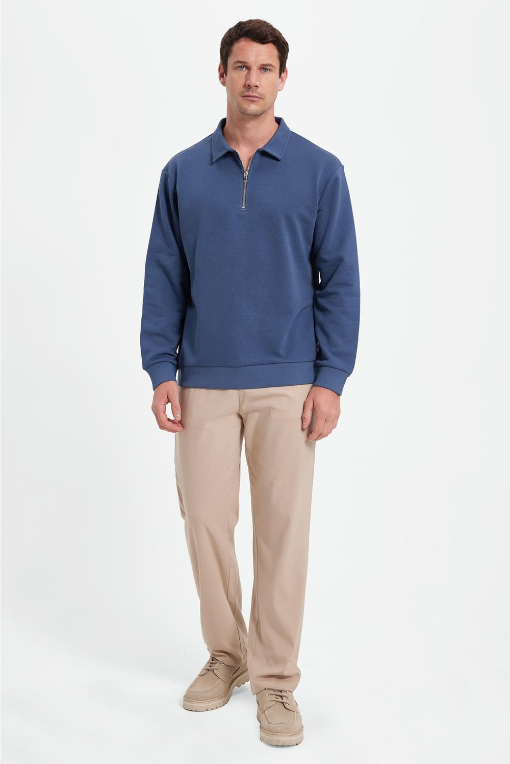 Erkek Relax Fit Rahat Kesim Pamuklu 3 İplik Fermuarlı Polo Yaka Koyu Mavi Sweatshirt