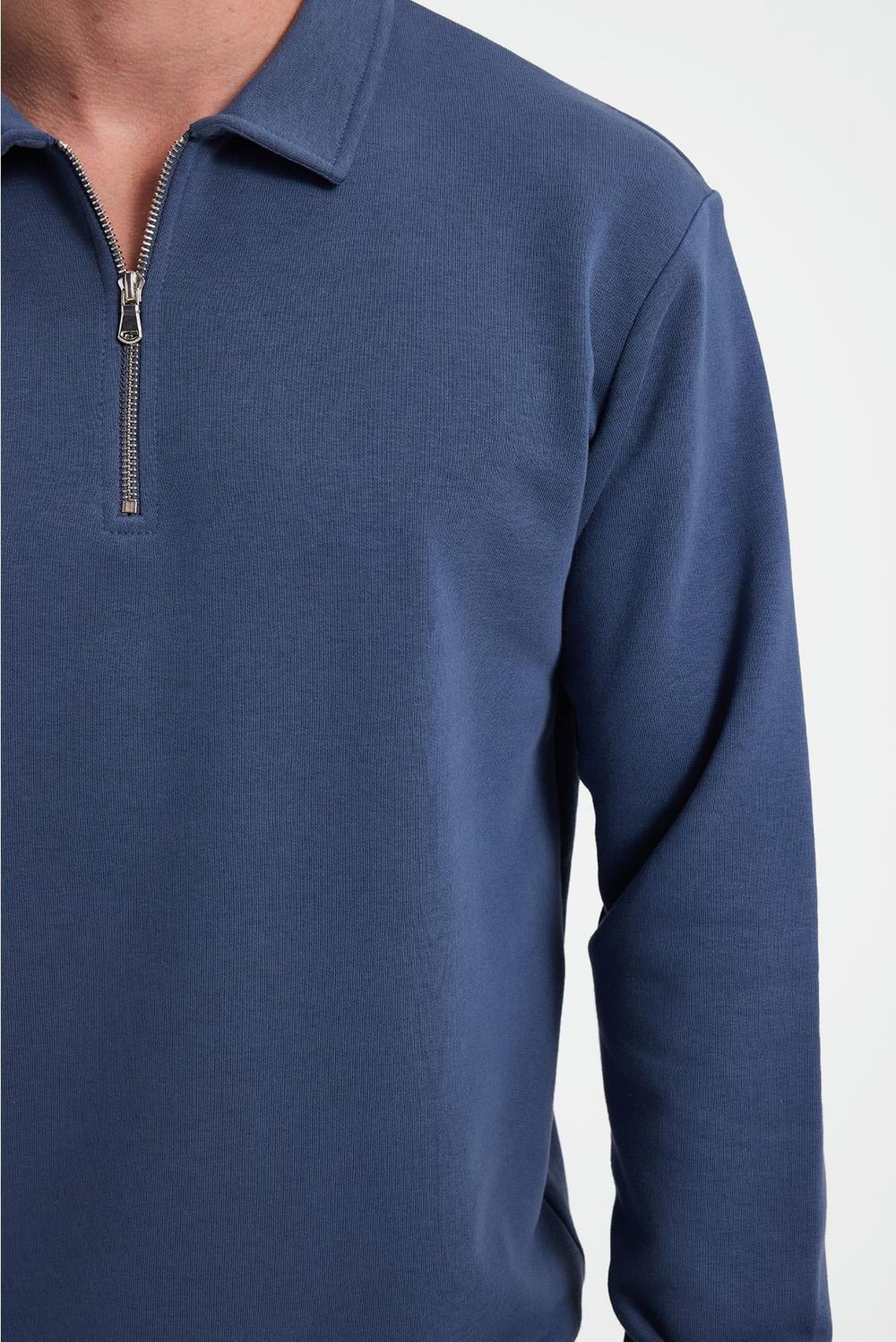 Erkek Relax Fit Rahat Kesim Pamuklu 3 İplik Fermuarlı Polo Yaka Koyu Mavi Sweatshirt