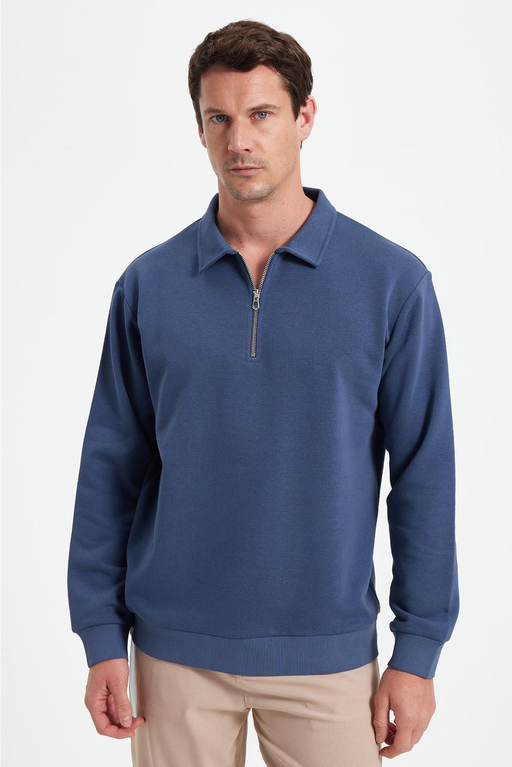 Erkek Relax Fit Rahat Kesim Pamuklu 3 İplik Fermuarlı Polo Yaka Koyu Mavi Sweatshirt