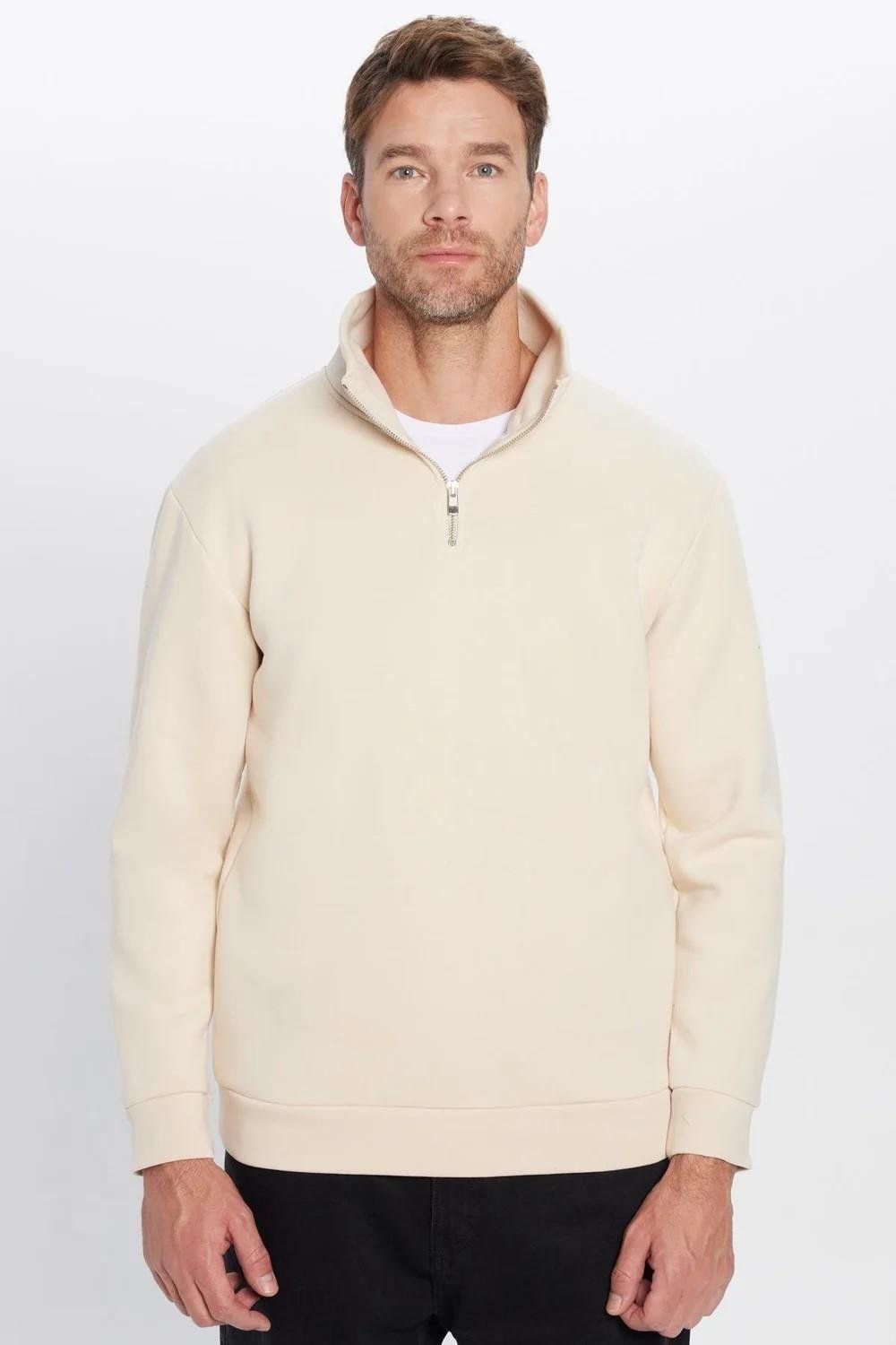 Unisex 3'lü Paket Yeşil-Ekru-Lacivert Relax Fit Pamuklu Yarım Fermuarlı Dik Yaka Sweatshirt