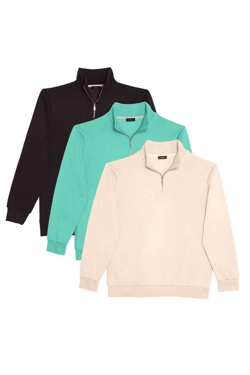 Unisex 3'lü Paket Kahverengi-Yeşil-Ekru Relax Fit Pamuklu Yarım Fermuarlı Dik Yaka Sweatshirt