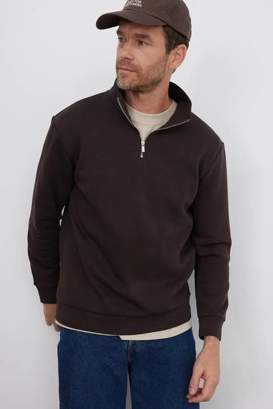 Unisex 3'lü Paket Kahverengi-Yeşil-Ekru Relax Fit Pamuklu Yarım Fermuarlı Dik Yaka Sweatshirt