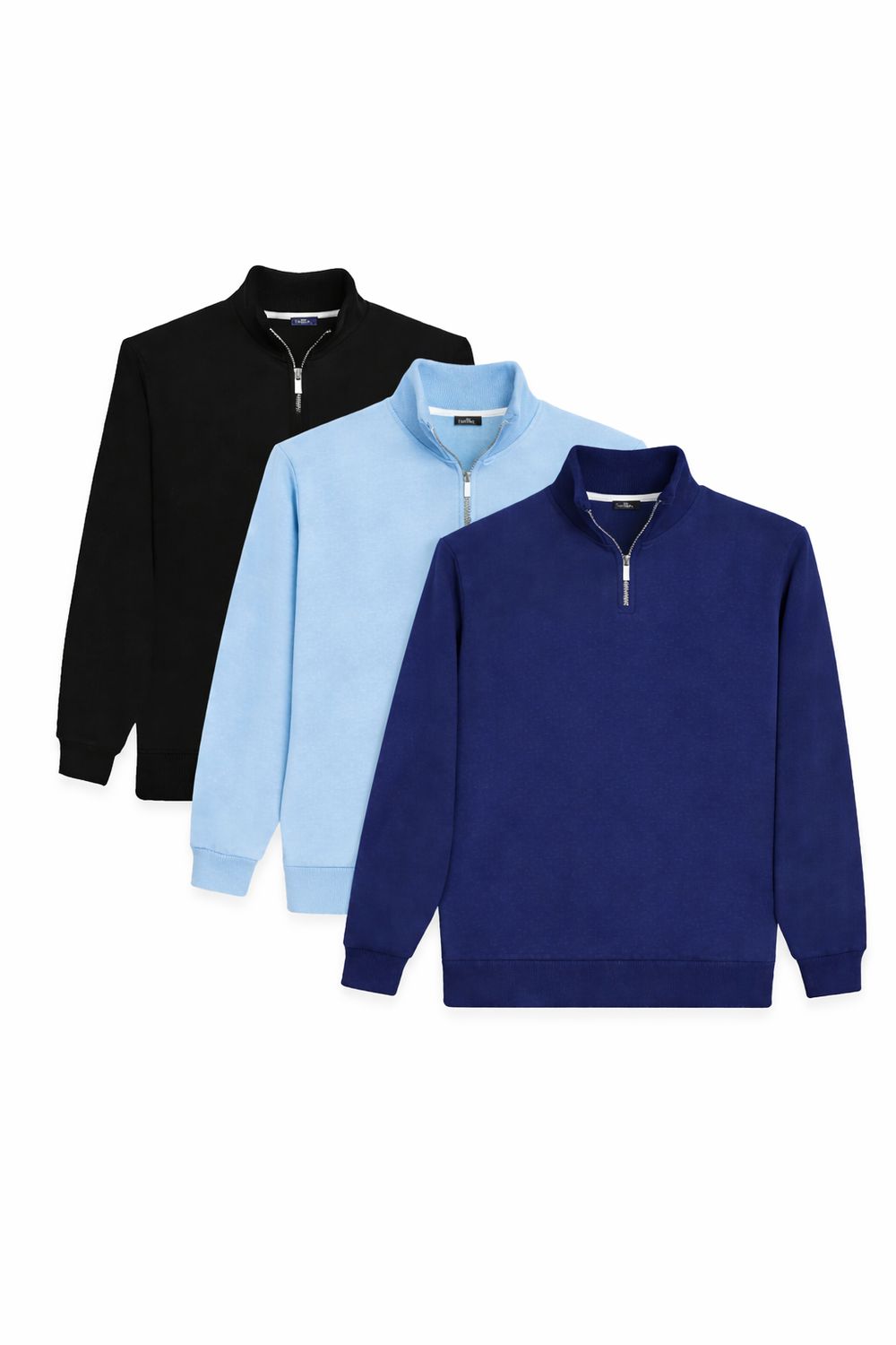 Unisex 3'lü Paket Siyah-Lacivert-Mavi Relax Fit Pamuklu Yarım Fermuarlı Dik Yaka Sweatshirt