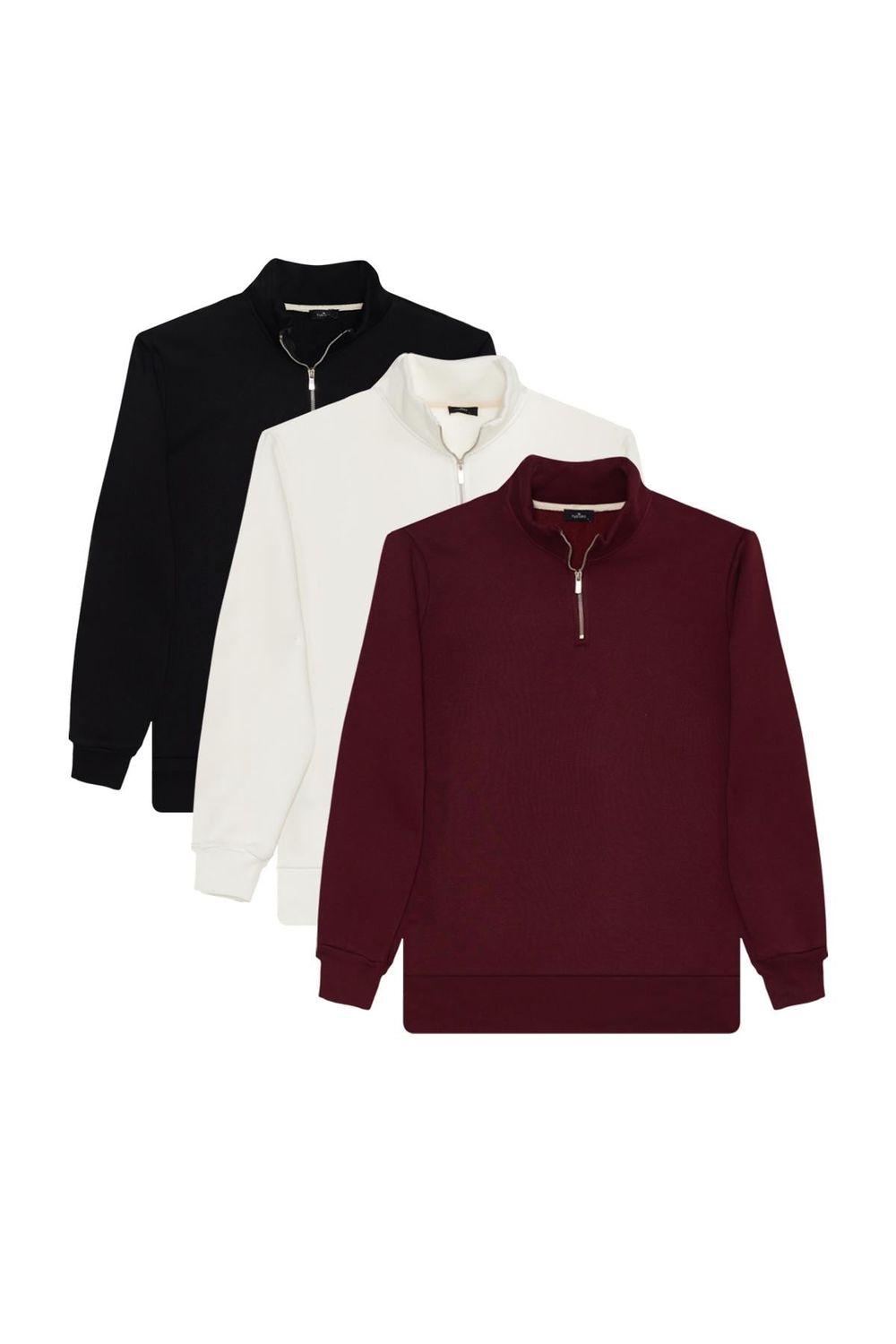 Unisex 3'lü Paket Siyah-Beyaz-Bordo Relax Fit Pamuklu Yarım Fermuarlı Dik Yaka Sweatshirt