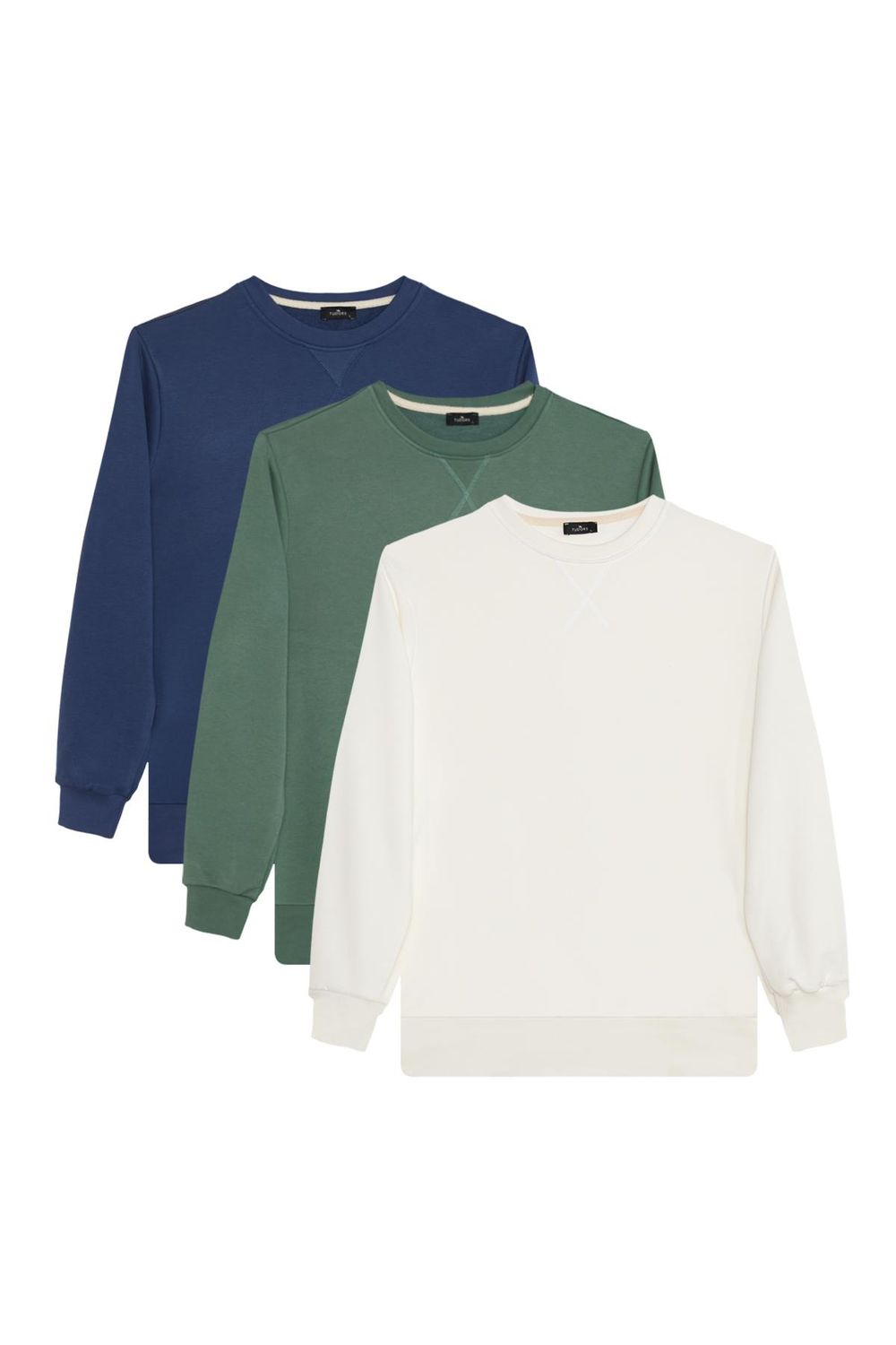 Unisex 3'lü Paket Beyaz-Yeşil-Mavi Relax Fit %100 Pamuk Bisiklet Yaka Sweatshirt