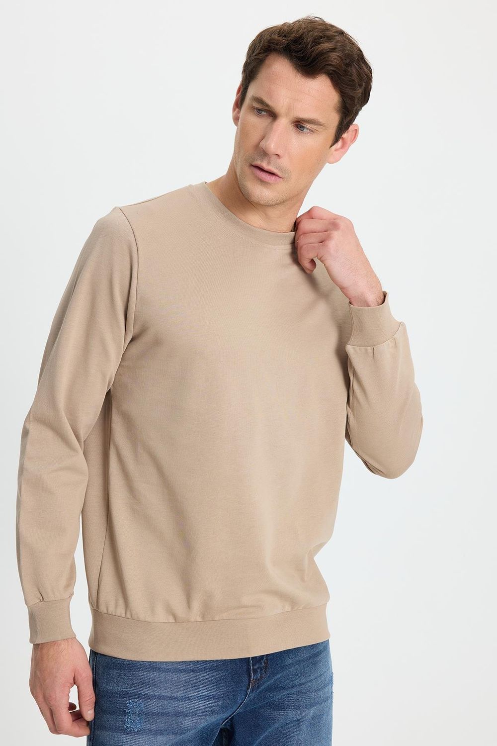 Erkek 3'lü Kahverengi-Taş-Siyah Relax Fit Rahat Kesim %100 Pamuk 2 İplik Bisiklet Yaka Sweatshirt