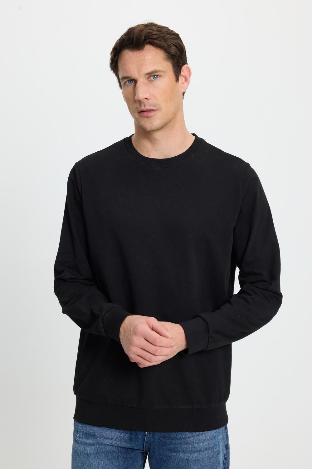 Erkek 3'lü Kahverengi-Taş-Siyah Relax Fit Rahat Kesim %100 Pamuk 2 İplik Bisiklet Yaka Sweatshirt