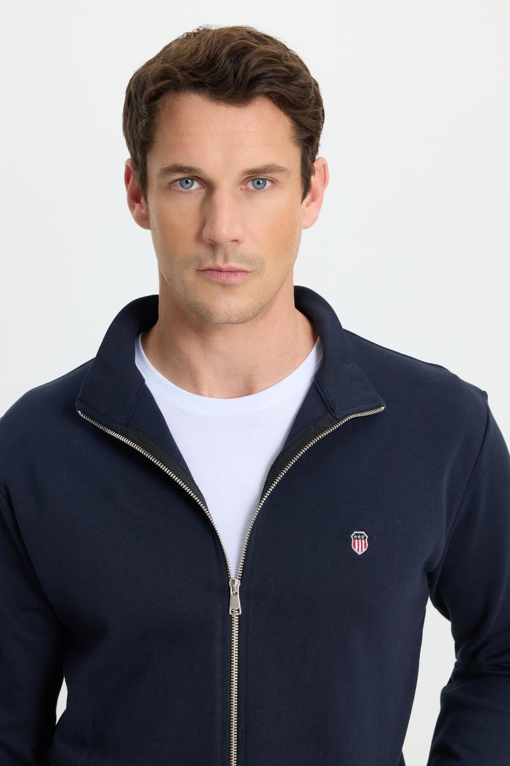 Erkek Slim Fit Dar Kesim Pamuklu Tam Fermuarlı Çift Cepli Dik Yaka Lacivert Sweatshirt Hırka
