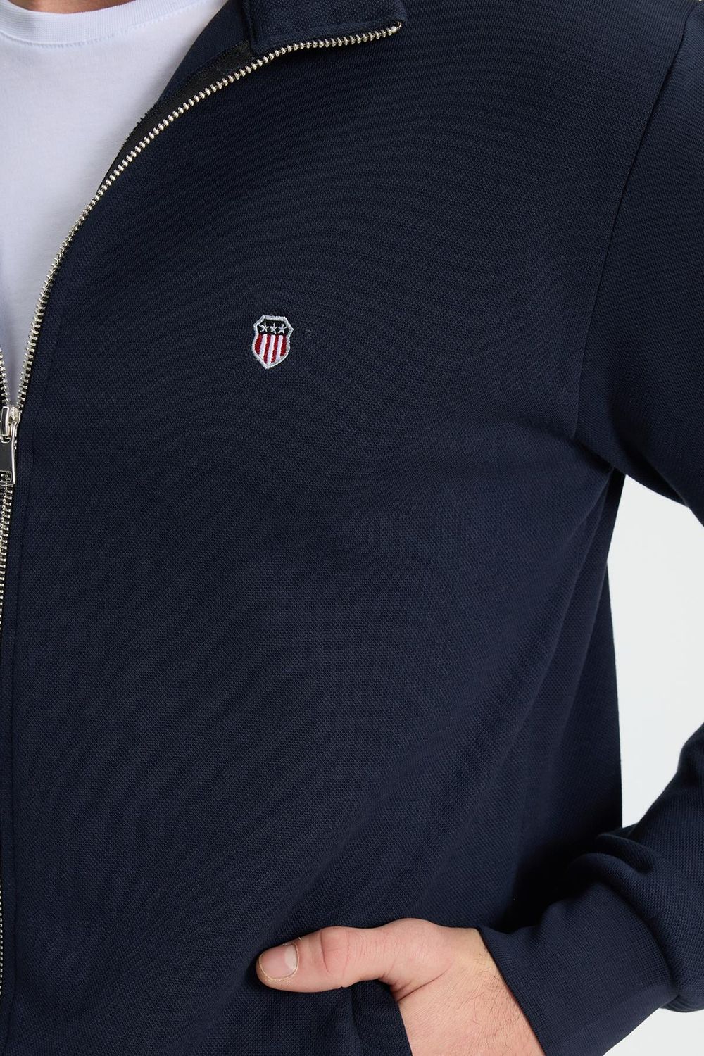 Erkek Slim Fit Dar Kesim Pamuklu Tam Fermuarlı Çift Cepli Dik Yaka Lacivert Sweatshirt Hırka