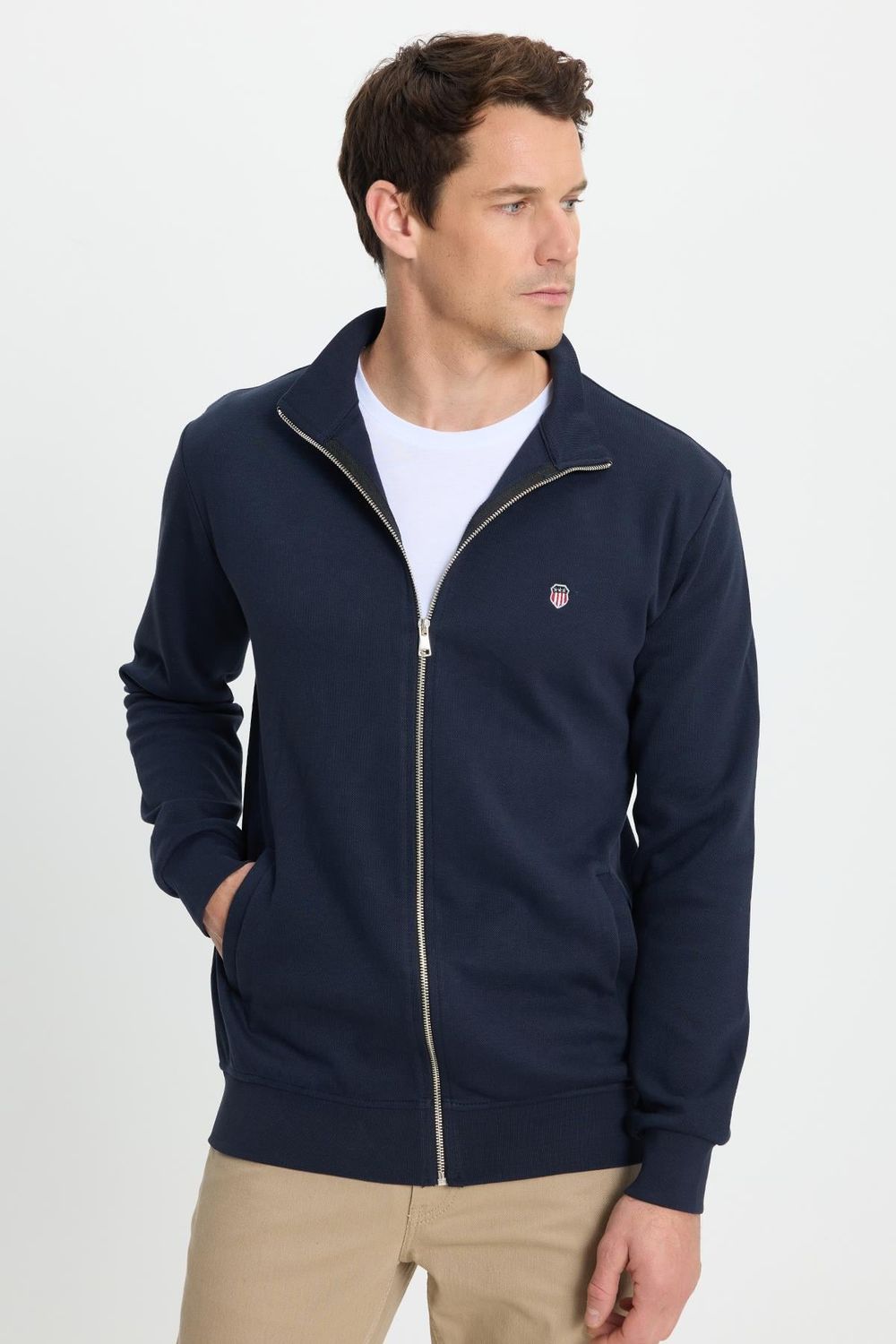 Erkek Slim Fit Dar Kesim Pamuklu Tam Fermuarlı Çift Cepli Dik Yaka Lacivert Sweatshirt Hırka