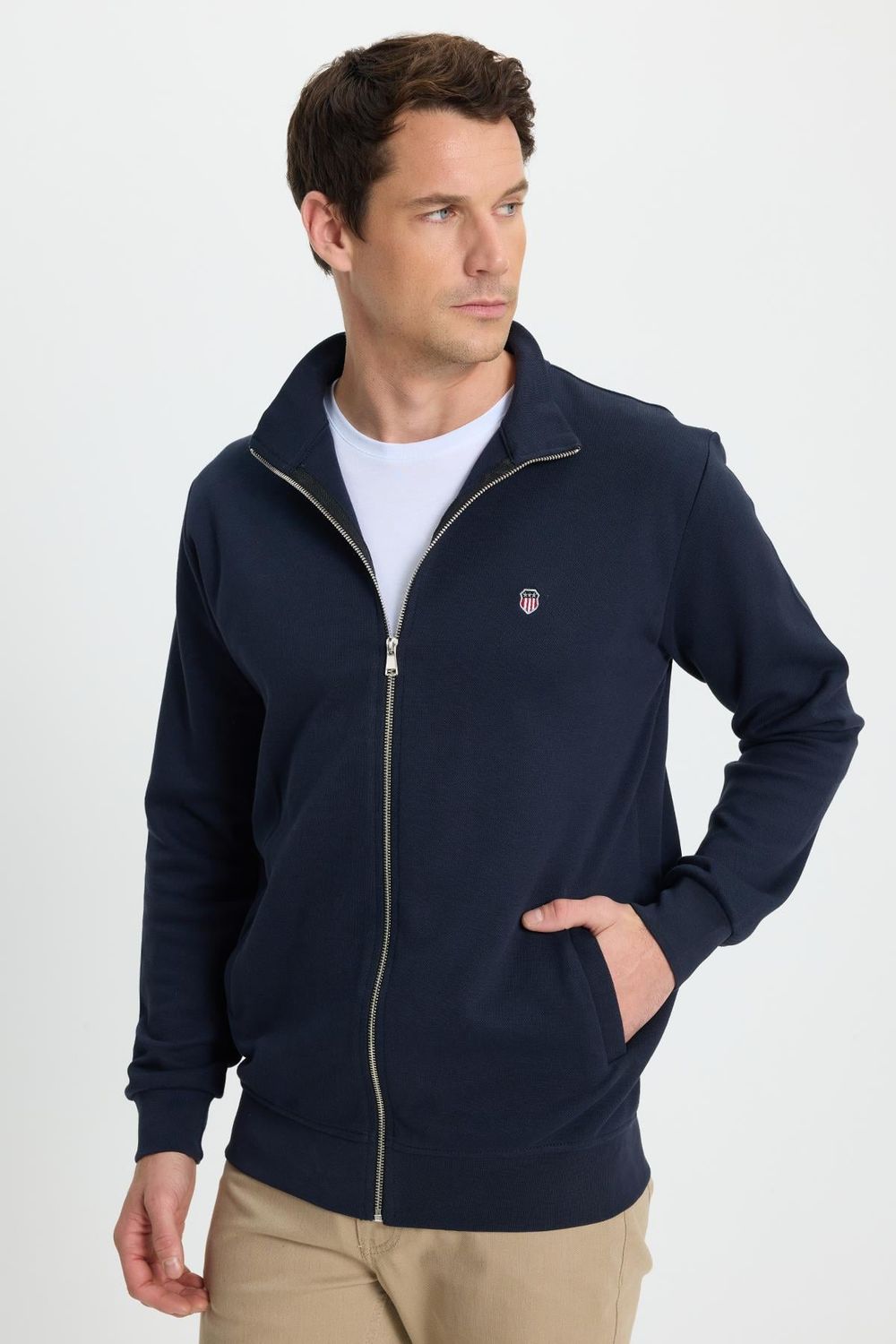 Erkek Slim Fit Dar Kesim Pamuklu Tam Fermuarlı Çift Cepli Dik Yaka Lacivert Sweatshirt Hırka