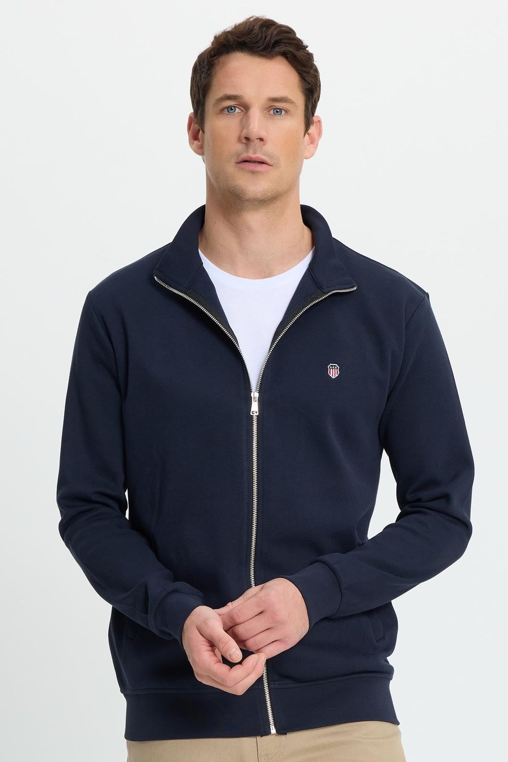 Erkek Slim Fit Dar Kesim Pamuklu Tam Fermuarlı Çift Cepli Dik Yaka Lacivert Sweatshirt Hırka