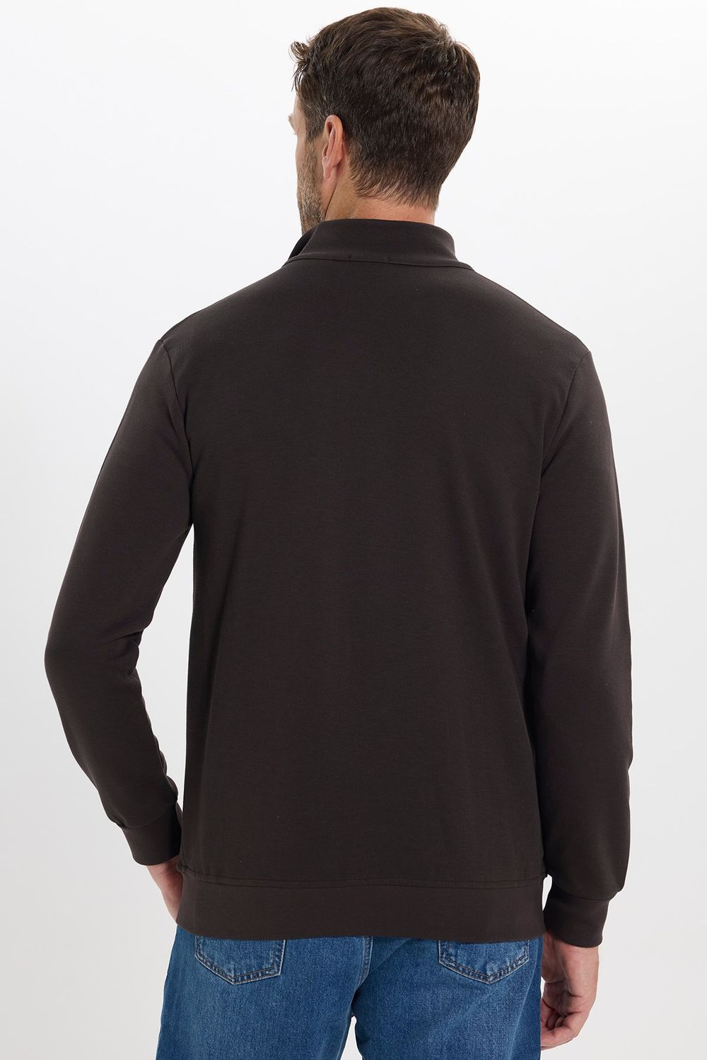Erkek Slim Fit Dar Kesim Pamuklu Tam Fermuarlı Çift Cepli Dik Yaka Koyu Kahverengi Sweatshirt Hırka