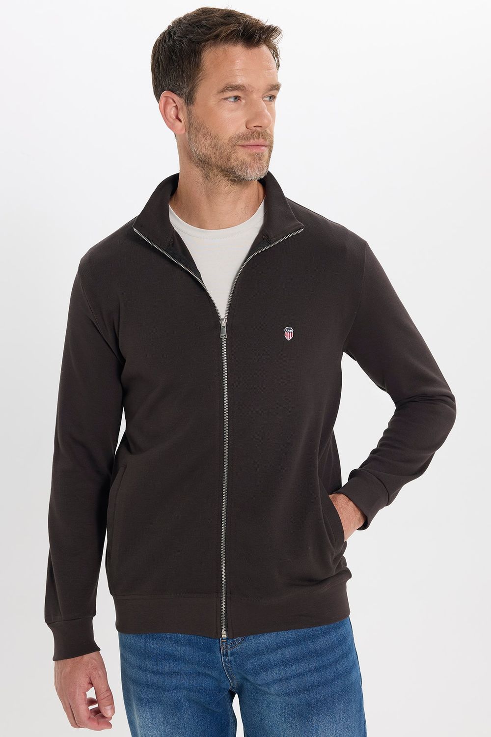 Erkek Slim Fit Dar Kesim Pamuklu Tam Fermuarlı Çift Cepli Dik Yaka Koyu Kahverengi Sweatshirt Hırka
