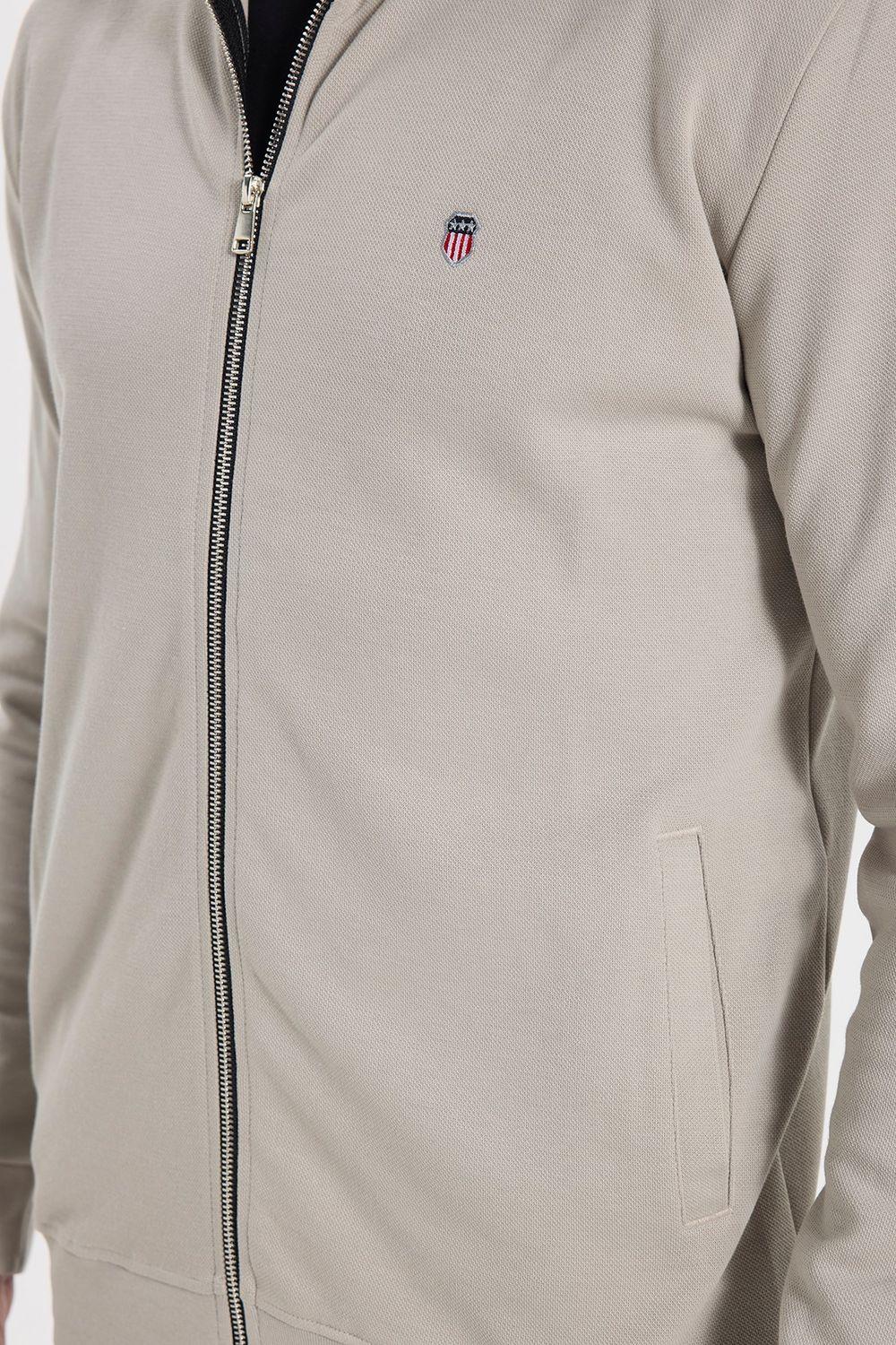 Erkek Slim Fit Dar Kesim Pamuklu Tam Fermuarlı Çift Cepli Dik Yaka Taş Rengi Sweatshirt Hırka