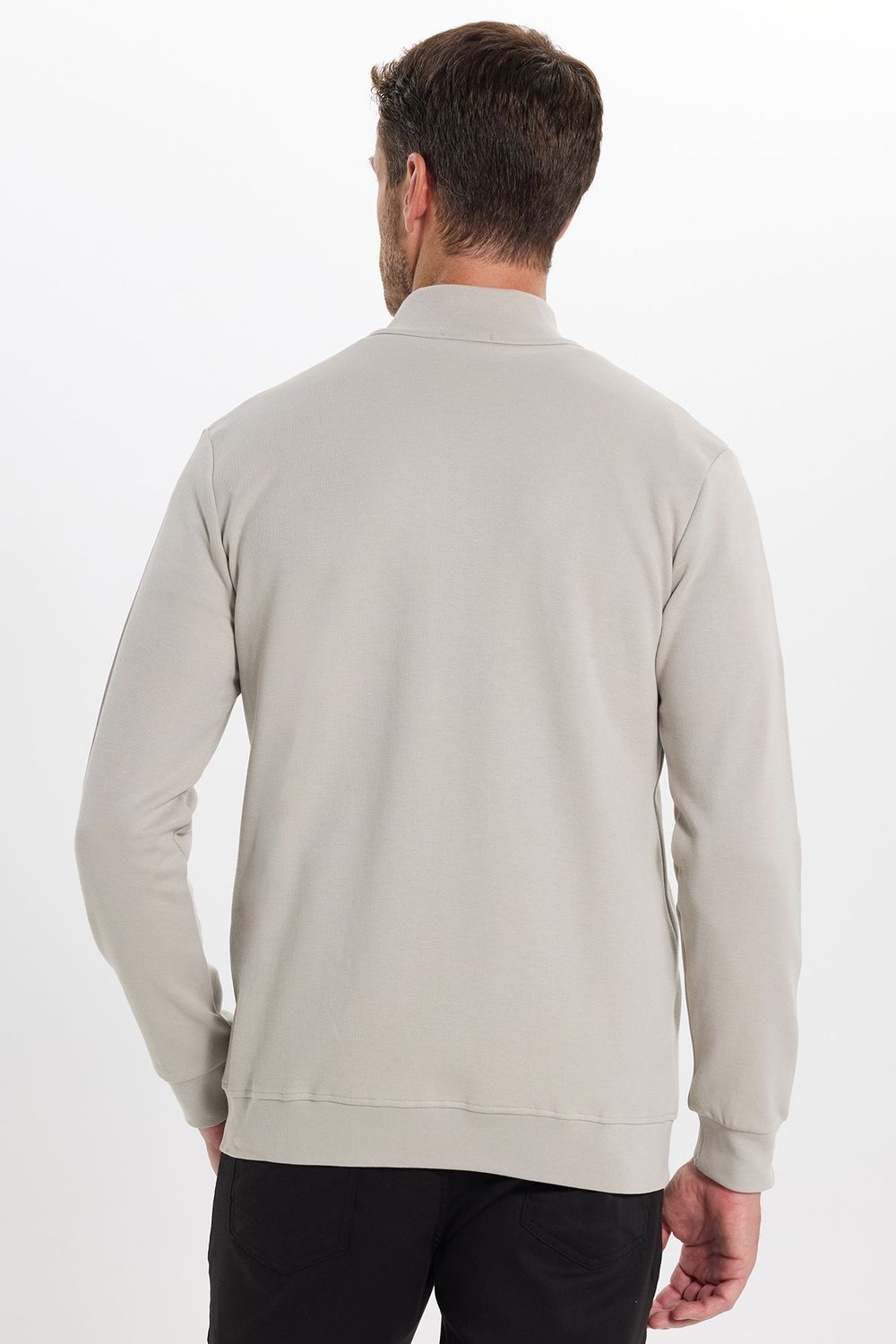 Erkek Slim Fit Dar Kesim Pamuklu Tam Fermuarlı Çift Cepli Dik Yaka Taş Rengi Sweatshirt Hırka