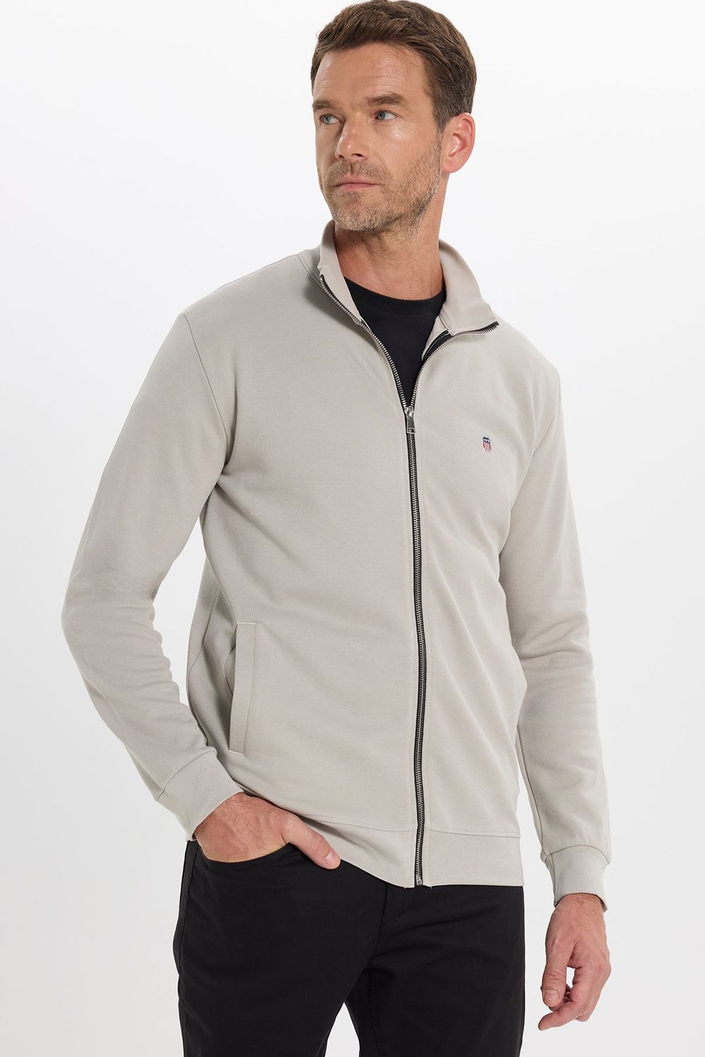 Erkek Slim Fit Dar Kesim Pamuklu Tam Fermuarlı Çift Cepli Dik Yaka Taş Rengi Sweatshirt Hırka