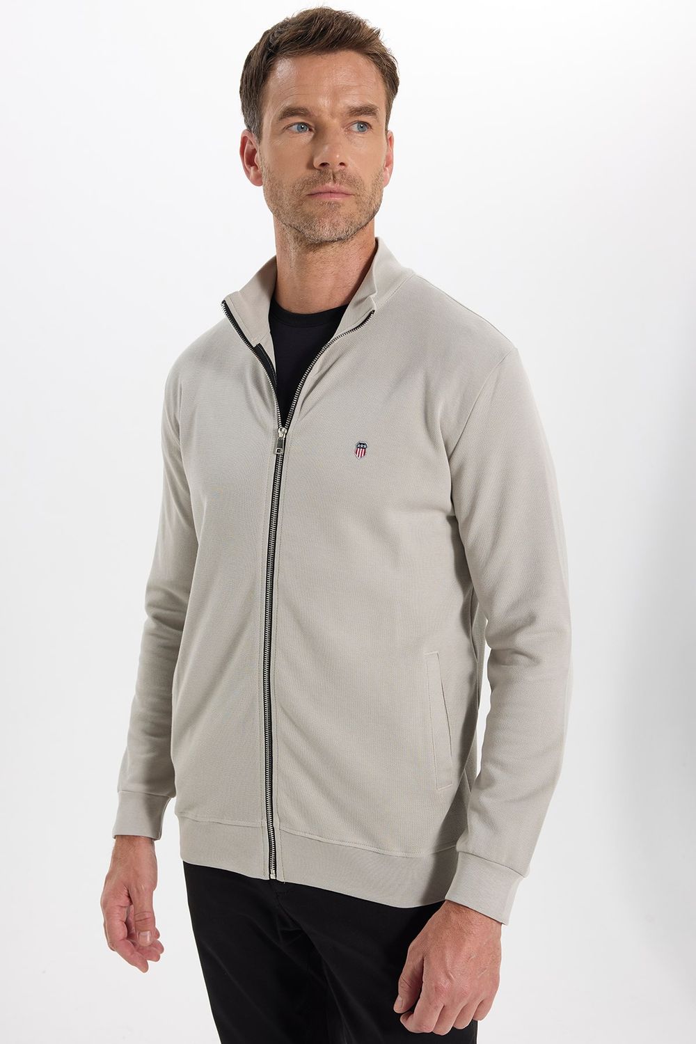 Erkek Slim Fit Dar Kesim Pamuklu Tam Fermuarlı Çift Cepli Dik Yaka Taş Rengi Sweatshirt Hırka