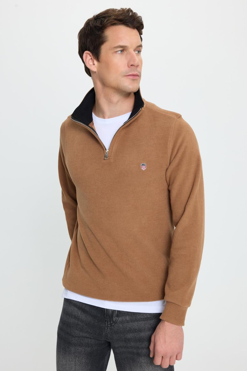 Erkek Slim Fit Dar Kesim Pamuklu Selanik Kumaş Dik Yaka Kiremit Sweatshirt