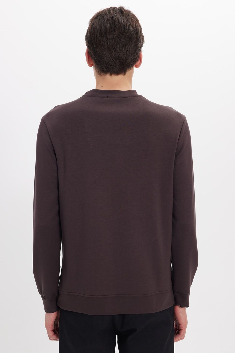 Erkek Standart Fit Normal Kesim Uzun Kollu Ekstra Soft Modal Kumaş Bisiklet Yaka Kahverengi Sweatshirt