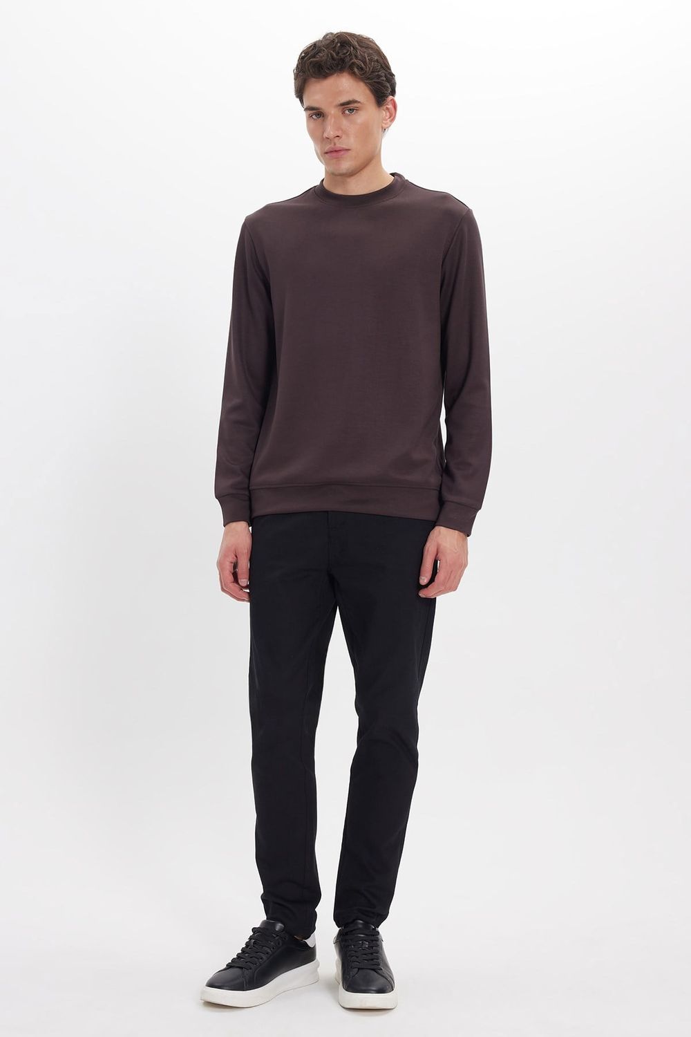 Erkek Standart Fit Normal Kesim Uzun Kollu Ekstra Soft Modal Kumaş Bisiklet Yaka Kahverengi Sweatshirt