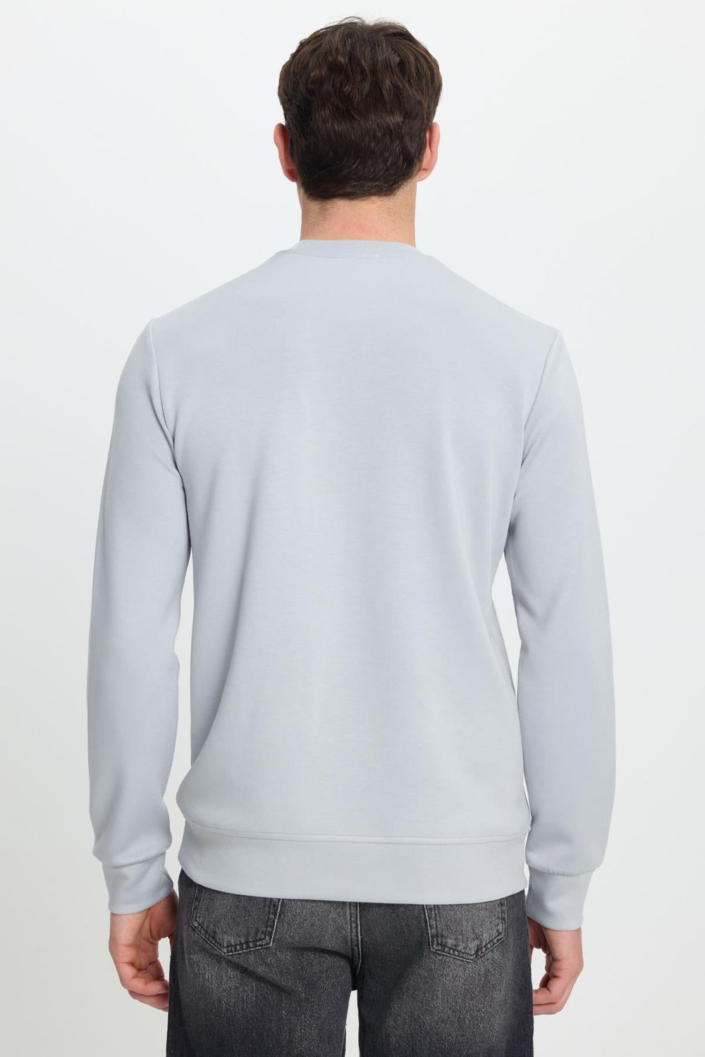 Erkek Relax Fit Rahat Kesim Uzun Kollu Bisiklet Yaka Gri Sweatshirt