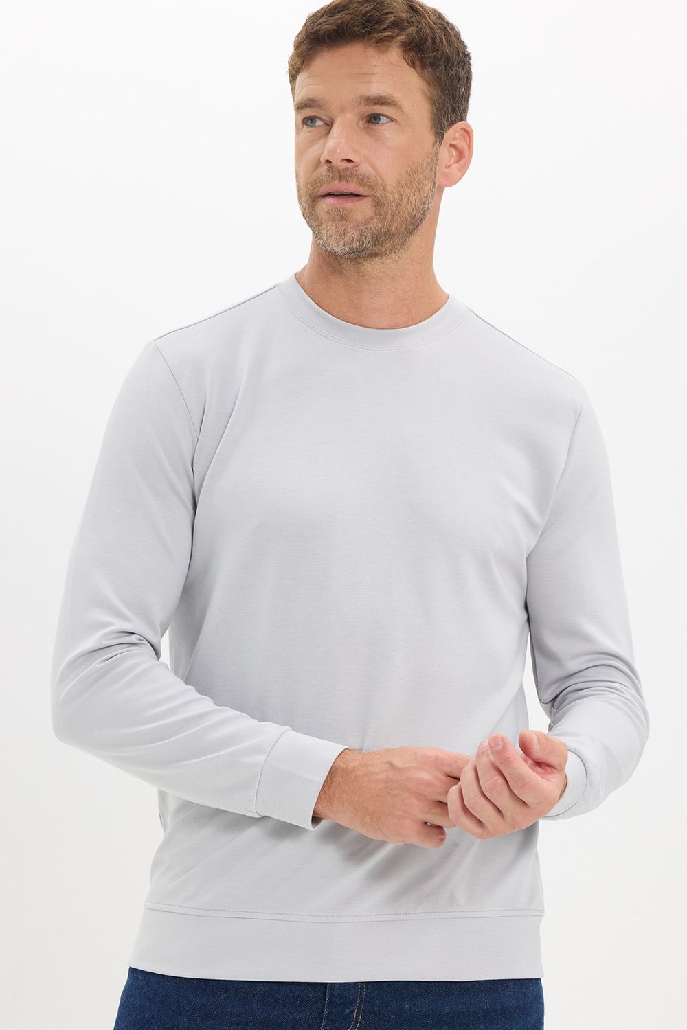 Erkek Standart Fit Normal Kesim Uzun Kollu Ekstra Soft Modal Kumaş Bisiklet Yaka Gri Sweatshirt