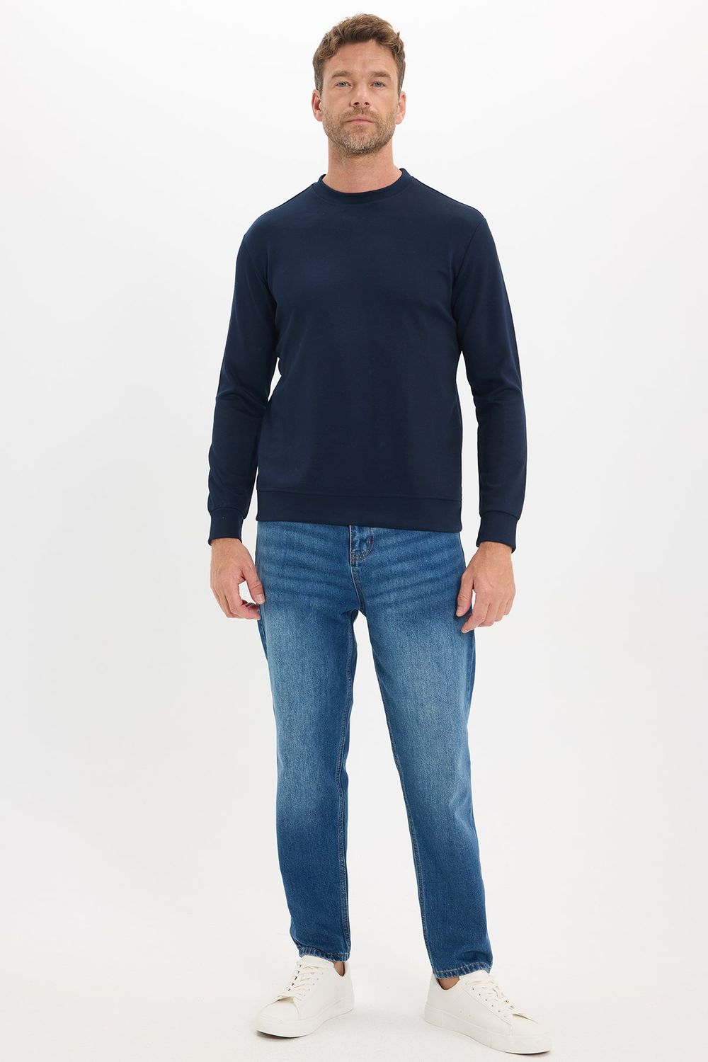 Erkek Standart Fit Normal Kesim Uzun Kollu Ekstra Soft Modal Kumaş Bisiklet Yaka Lacivert Sweatshirt