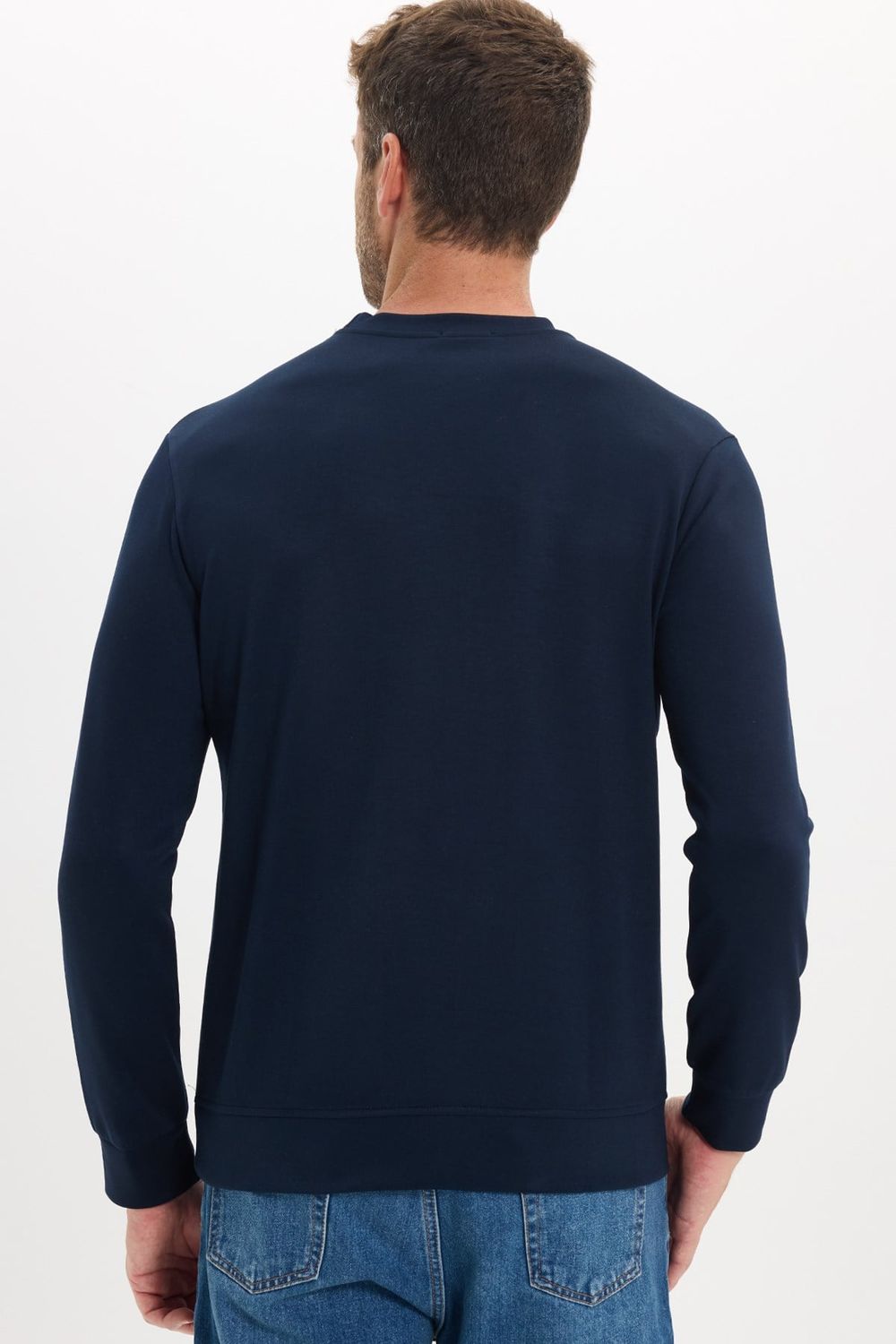 Erkek Standart Fit Normal Kesim Uzun Kollu Ekstra Soft Modal Kumaş Bisiklet Yaka Lacivert Sweatshirt