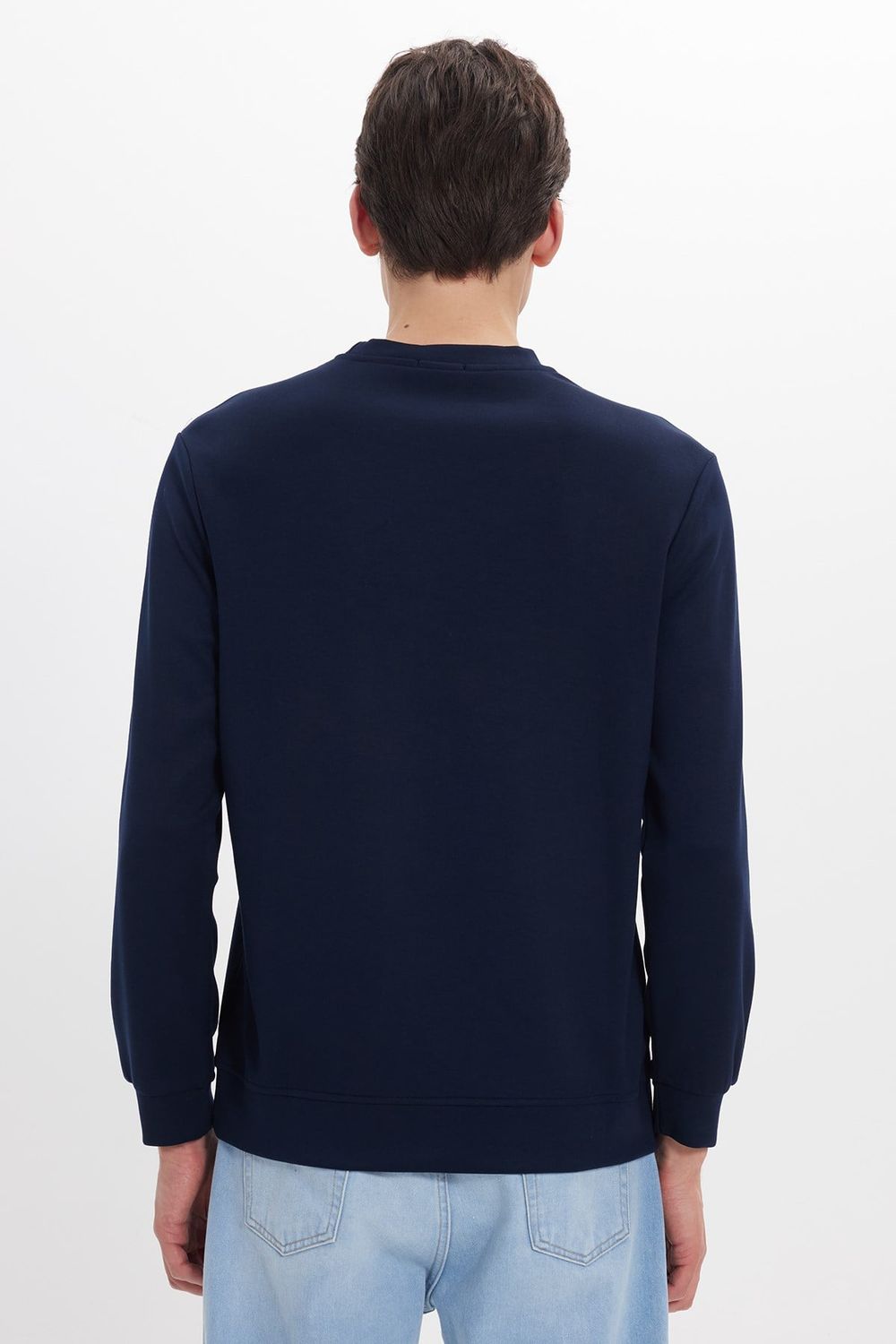 Erkek Standart Fit Normal Kesim Uzun Kollu Ekstra Soft Modal Kumaş Bisiklet Yaka Lacivert Sweatshirt