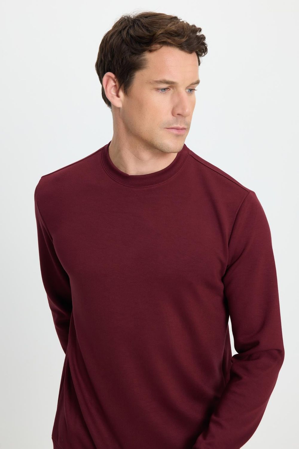 Erkek Relax Fit Rahat Kesim Uzun Kollu Bisiklet Yaka Bordo Sweatshirt