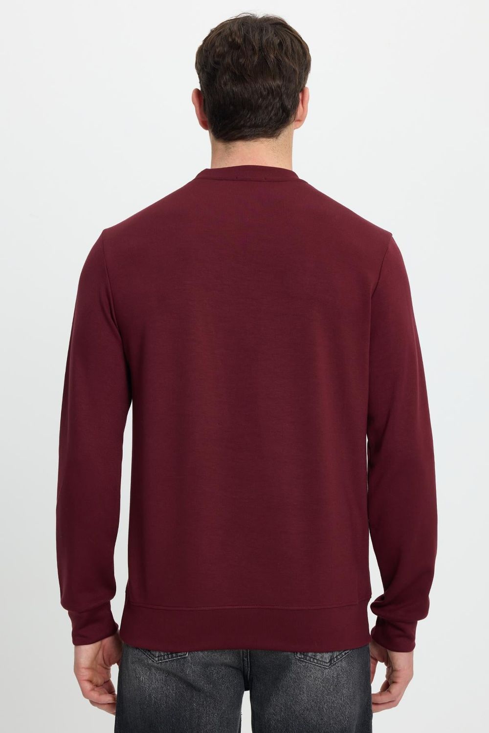 Erkek Relax Fit Rahat Kesim Uzun Kollu Bisiklet Yaka Bordo Sweatshirt