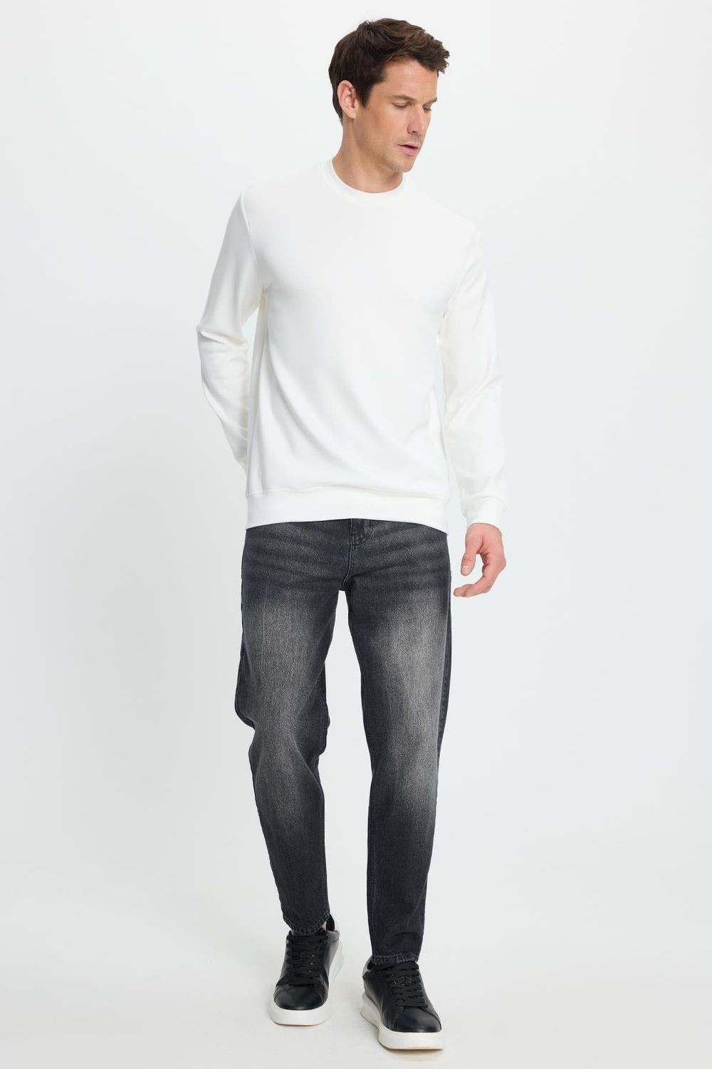 Erkek Relax Fit Rahat Kesim Uzun Kollu Bisiklet Yaka Ekru Sweatshirt